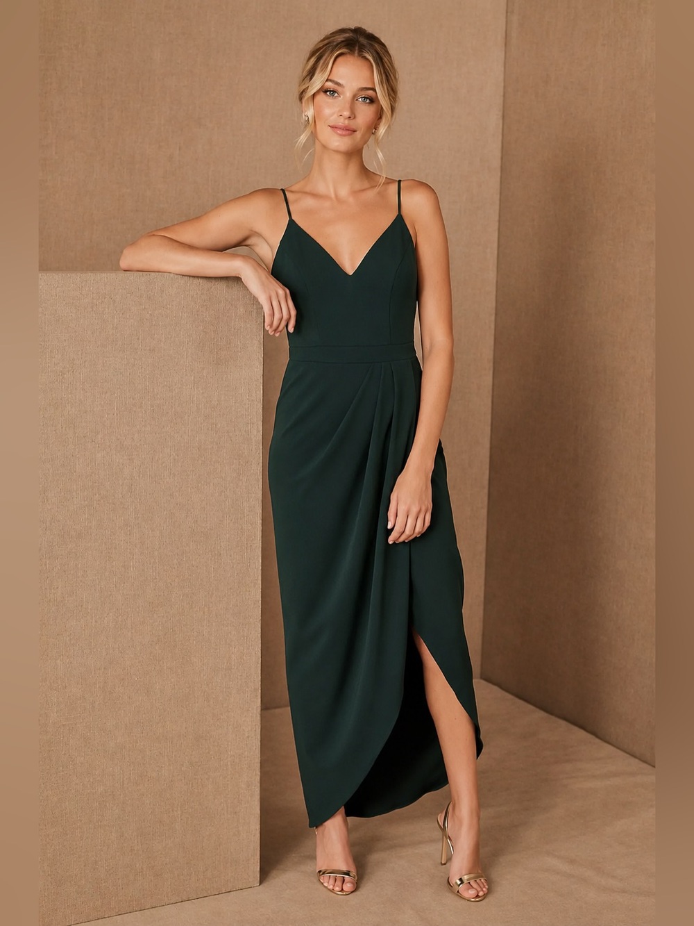 BHLDN Caron Dress Emerald Green Draped Midi Cocktail Dress 6
Midi Slip Dress